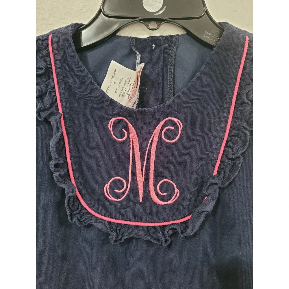 Posh Pickle Girls Navy Blue Pink Corduroy Monogrammed M Jumper Dress Size 6 #7‎